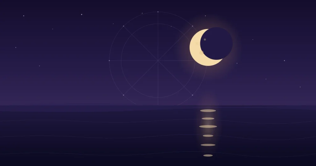 Golden crescent moon rising over a faint zodiac wheel and calm night ocean, symbolizing Neptune in the 8th house synastry and emotional depth in relationships