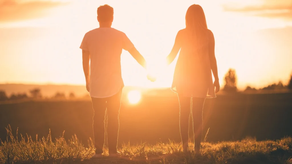 Silhouette of a couple holding hands while facing a warm golden sunset in an open field, a romantic Valentine's Day scene
