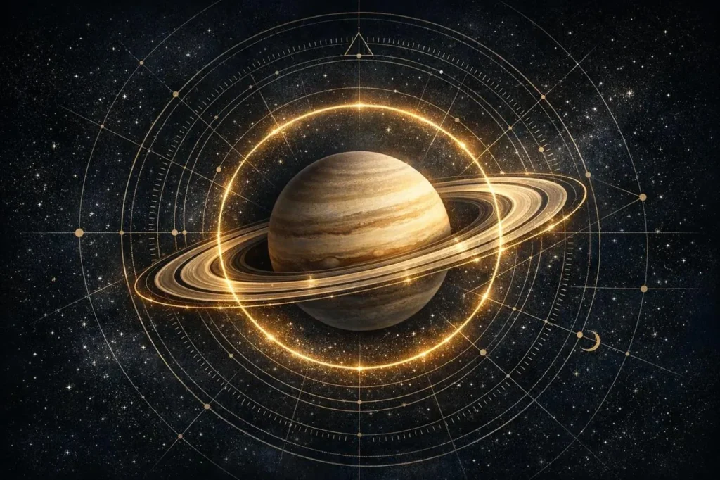 Saturn with golden rings surrounded by astrological birth chart circles on a starry night sky